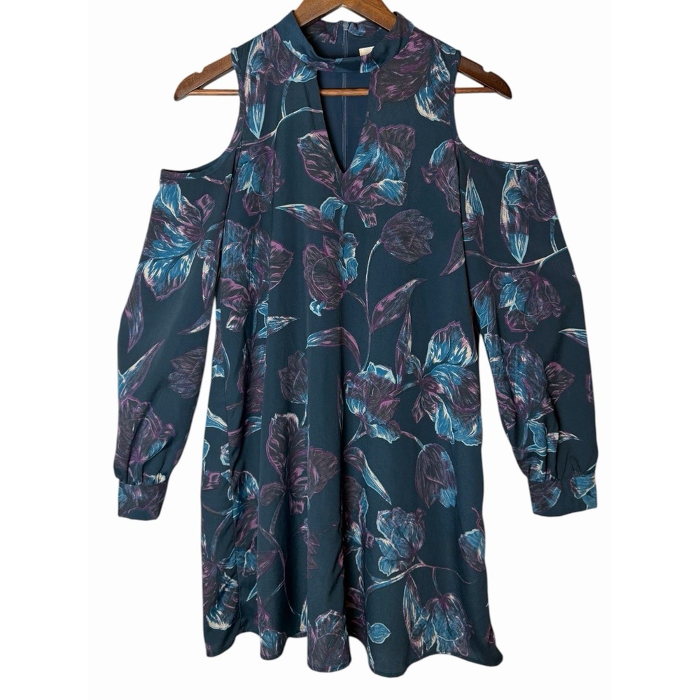 Everly Floral Chiffon Cold Shoulder Shift Dress Keyhole Purple Blue Medium